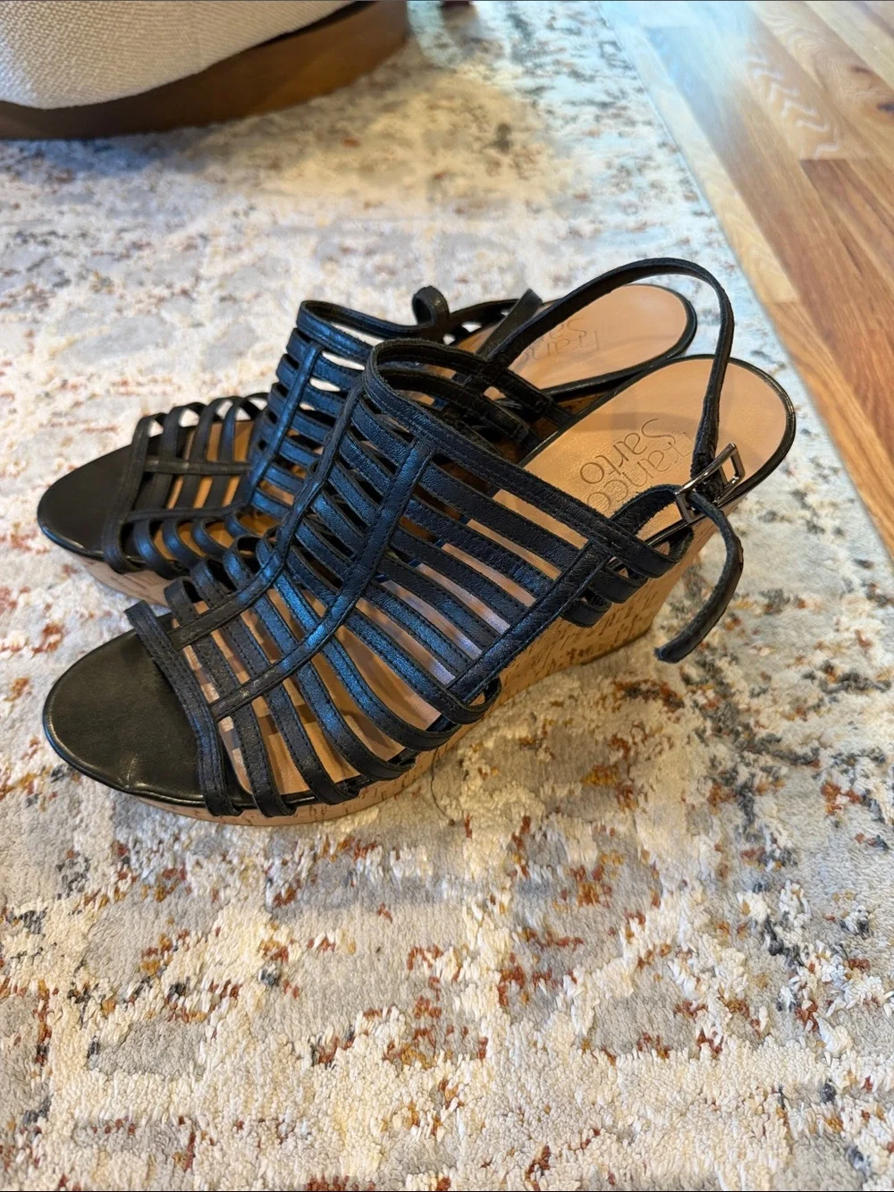Franco Sarto Black Strappy Cork Wedge Sandals